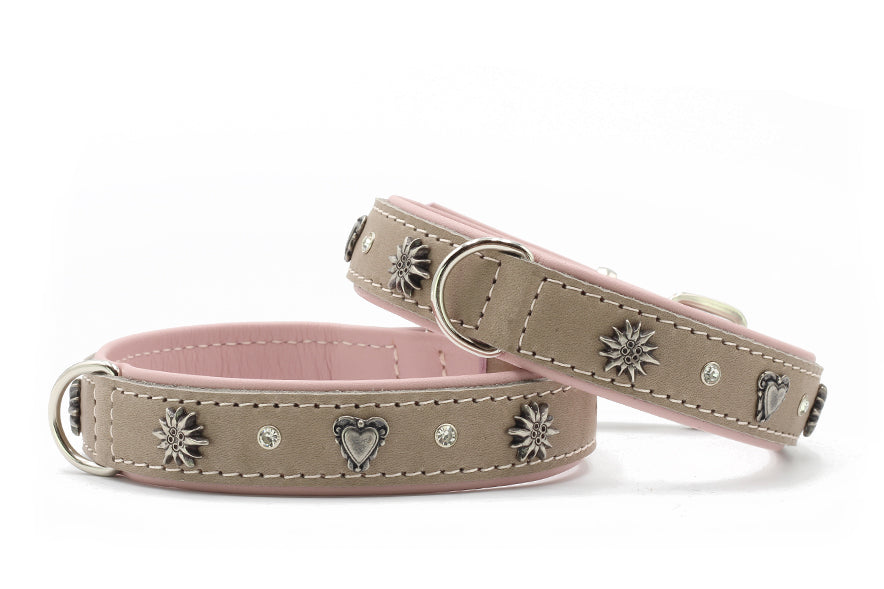 Herzblatt Lederhalsband Rosa mit Edelweiss & Kristallsteinen für Hunde