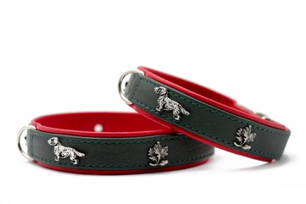 Hundehalsband Leder Dackel, Grün/ rot, Rindsleder, Messing, Extra weiches Leder 