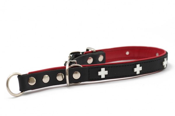Halsband Hund Zugstopp Schweizer Kreuz. Schwarz/ rot, verstellbar, mit stoppring